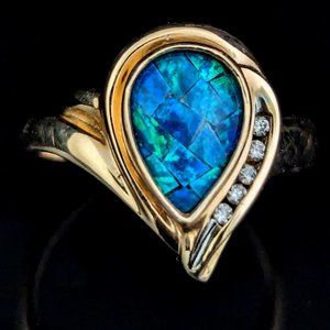 Vintage Tanzanite Diamonds Opal Inlay 14k Yellow Gold Ring Band Trillion Cut